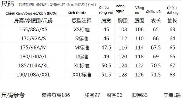 Bảng size áo nam Trung Quốc