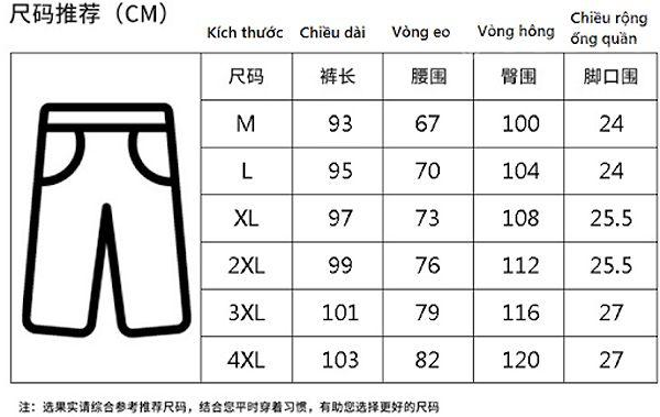 Bảng size quần nam Trung Quốc