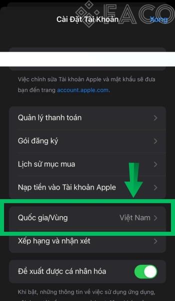 Bấm vào mục Quốc gia/vùng 