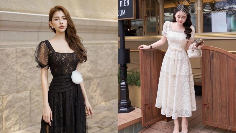 Đầm ren Trung Quốc cổ vuông tay bồng 