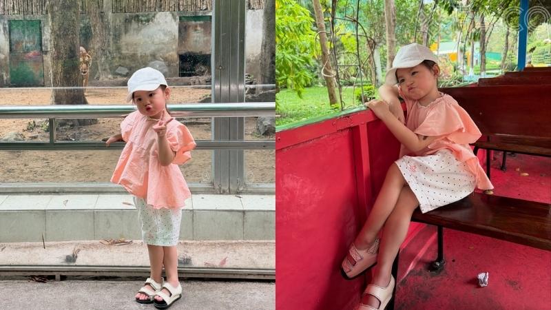 Outfit áo hồng đào cùng quần trắng chấm bi